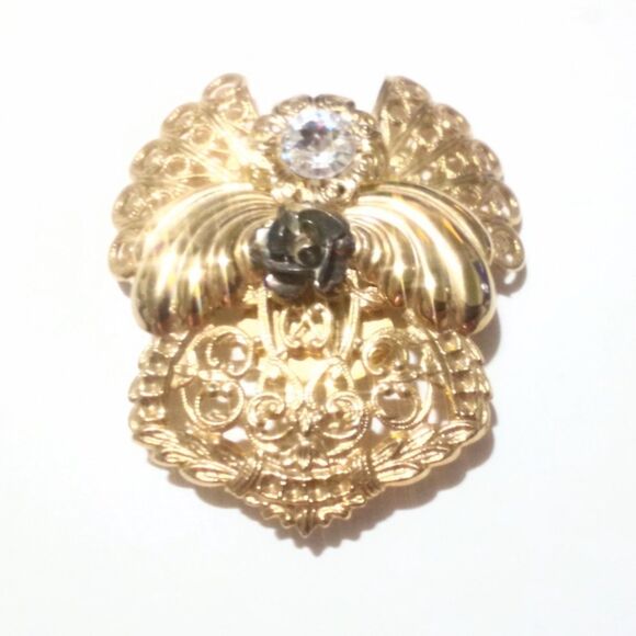 Vintage 1990's Signed Jane Gold Tone Filigree Rhinestone Accented Angel Brooch - Picture 1 of 6